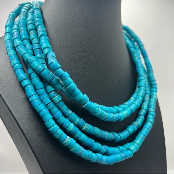 Vintage Monies Horn Clasp Multistrand Hand Dyed Turquoise Wood Bead Necklace - Picture 2 of 11